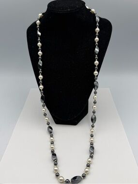 Hematite Pearl Infinity Necklace Gray Beads Gold Accents